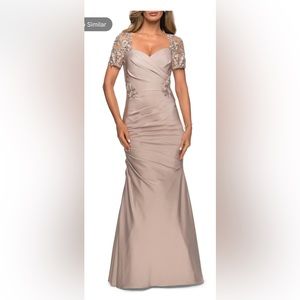 La Femme Lace Sleeve Satin Evening Dress SZ 18